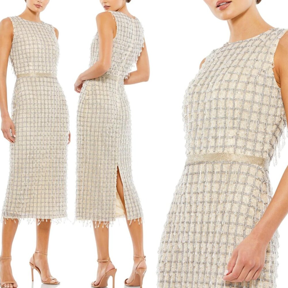 NWT MAC DUGGAL EMBELLISHED HIGH NECK FRINGED‎ MIDI SHEATH DRESS NUDE 5471